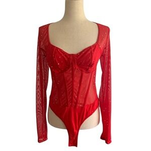 Red Mesh Corset Bodysuit L Sheer Long Sleeve Sparkle Glam Y2K Party Clubwear
